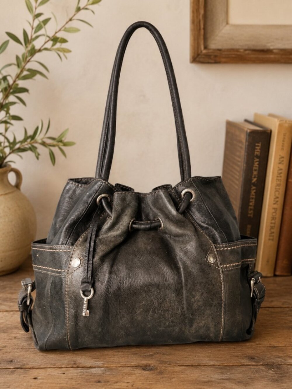 Fossil Black Leather Bucket Bag Tote Shoulder Purse with Key Charm